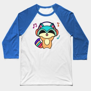 Happy smiling baby raccoon with headphones. Kawaii cartoon Baseball T-Shirt